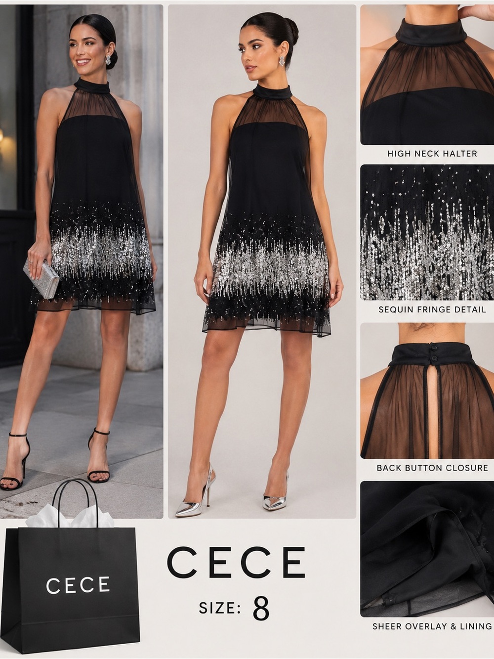 CeCe Black Sheer High-Neck Mini Dress with Silver Sequin Fringe